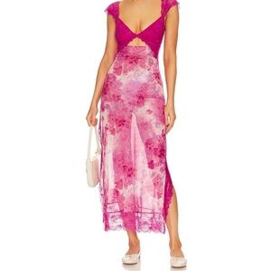 Free People Suddenly Fine Floral Print Cutout Lace Trim Nightgown